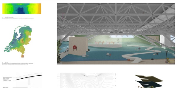 A conceptual architectural design showcasing a spacious indoor landscape with a modern structure.