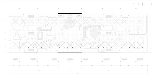 A detailed architectural plan titled 'The Peel' showing a layout with various geometric shapes and markings.