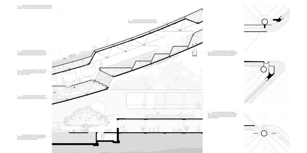 A detailed architectural drawing showing sections of a landscape structure with steps and explanatory notes.