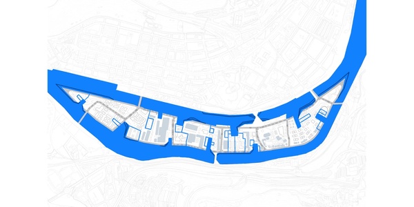 This is an abstract blue and white graphic of a stylized map, possibly depicting a waterfront or riverbank area lined with structures.