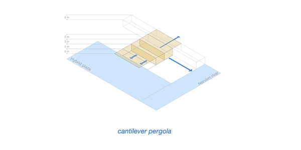 An isometric diagram showing the design of a cantilever pergola over water.