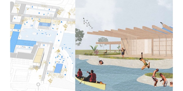 The image shows a conceptual design split between an architectural blueprint and an artistic rendering of people engaging in various outdoor activities.