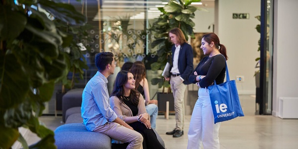 A group of young professionals engaging in conversation in a modern, plant-filled office space.