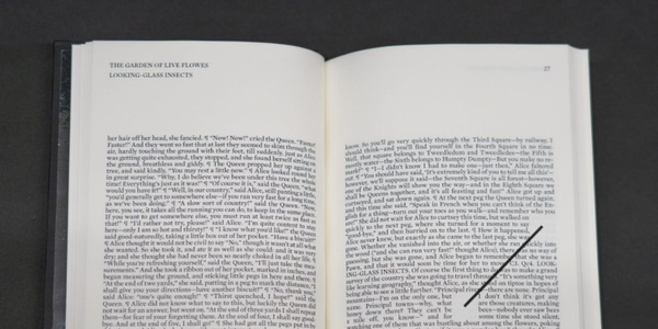 An open book displaying text on its pages with a diagonal line marking one of the paragraphs.