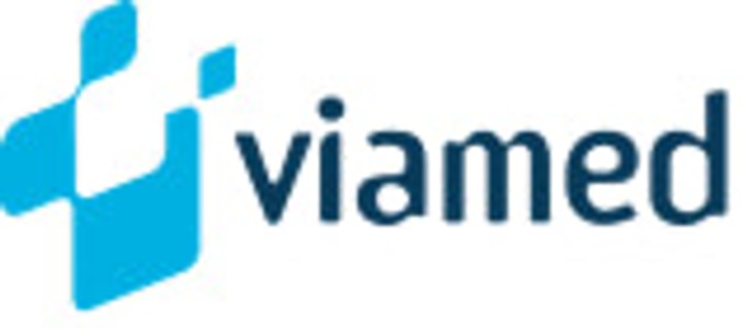This is a logo featuring the word 'viamed' with a blue geometric design.