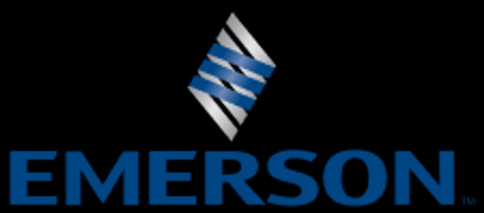 This image features the Emerson logo with blue and silver geometric elements.