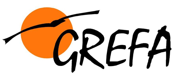 A logo featuring a stylized bird flying over an orange sun with the text GREFA.