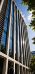 A modern building with a glass facade reflecting sunlight and surrounded by trees.