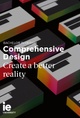 A promotional poster featuring stacked colorful books with text about a Bachelor in Design, emphasizing 'Comprehensive Design' and 'Create a better reality'.