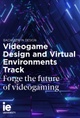 Promotional poster for 'Bachelor in Design - Videogame Design and Virtual Environments Track' at IE University, featuring futuristic neon graphics.