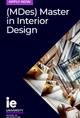 Advertisement for a Master in Interior Design program at IE University featuring a sleek, modern interior.