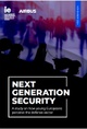 The image shows the cover of a report titled 'Next Generation Security' by IE University and Airbus, discussing young Europeans' perceptions of the defense sector.