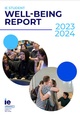 Cover of the 'IE Student Well-being Report 2023-2024' featuring diverse students in various social interactions.