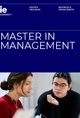 Promotional poster for a Master in Management program at IE University, featuring two female students engaged in study.