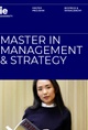 Promotional poster for a Master in Management & Strategy program featuring a young woman with a brochure.