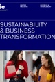 An educational poster for IE University's Master Program in Sustainability & Business Transformation, featuring two smiling female students walking in a hallway.