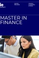 An advertisement for the Master in Finance program at IE University, showing two students focused on their work.