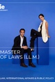 A promotional image for a Master of Laws program featuring two individuals in a blue background.