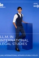 A young man in formal attire standing beside a blue pedestal, promoting an LL.M. program in International Legal Studies.