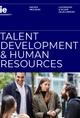 A promotional poster for a university master program in Talent Development and Human Resources, featuring a group of diverse professionals engaged in a conversation.