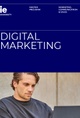 A promotional poster for a Digital Marketing Master Program at IE University, featuring a man looking at a laptop.