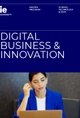 A promotional poster for a Digital Business & Innovation master program, featuring a woman in a blue blazer using a laptop and talking on the phone.