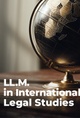 A young man in formal attire standing beside a blue pedestal, promoting an LL.M. program in International Legal Studies.