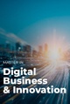A promotional poster for a Digital Business & Innovation master program, featuring a woman in a blue blazer using a laptop and talking on the phone.