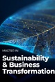 An educational poster for IE University's Master Program in Sustainability & Business Transformation, featuring two smiling female students walking in a hallway.