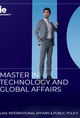 Advertisement for a Master in Technology and Global Affairs program at IE University featuring a confident young man in a suit.