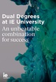 Promotional poster for Dual Degrees at IE University featuring abstract blue and green ink clouds in water with text detailing the program