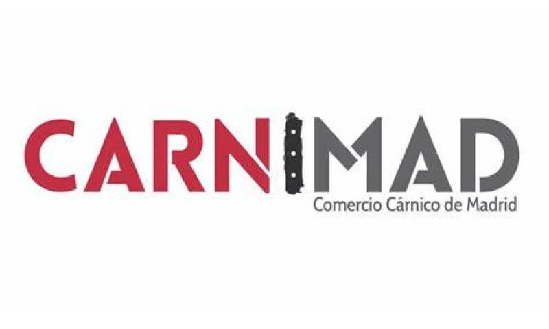 The image shows a logo titled 'CARNIMAD', which denotes Comercio Cárnico de Madrid, featuring stylized text and a silhouette of a cow.