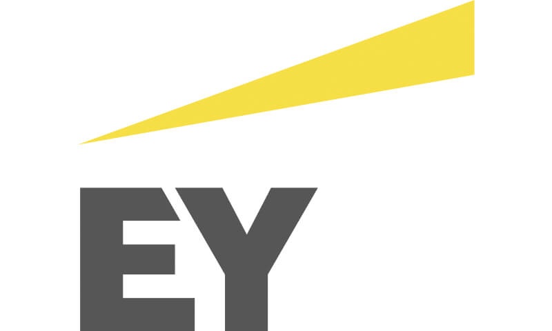 The image shows the logo of EY, featuring the letters 'EY' in gray with a yellow diagonal slash above it.