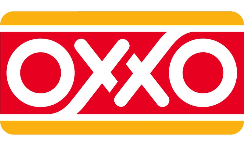 Logo of OXXO, featuring bold red and white letters against a yellow background