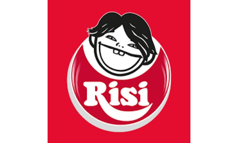 This is a logo featuring a cartoonish, smiling face in black and white with the word 'Risi' written in white on a red background.