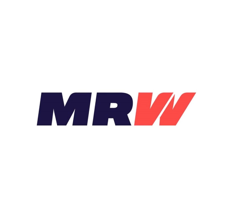 The image shows the logo of MRW, featuring bold letters in navy blue and red on a white background.