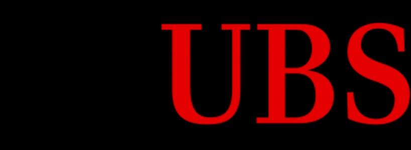 The image shows the logo of UBS in red letters on a black background.