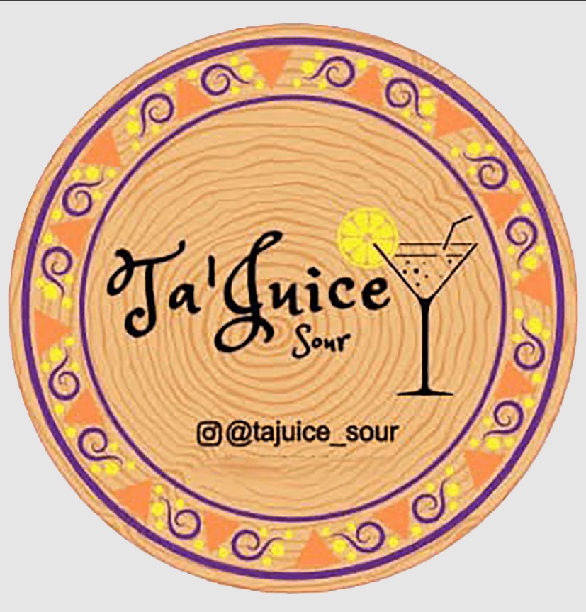 A circular label for 'Ta'Juice Sour' featuring a cocktail glass and social media handle.