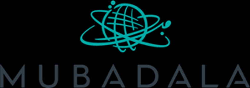 Logo of Mubadala featuring a stylized globe encircled by orbits, depicted in turquoise on a black background.