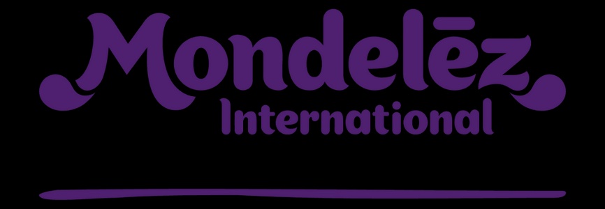 Logo of Mondelez International in purple on a black background.