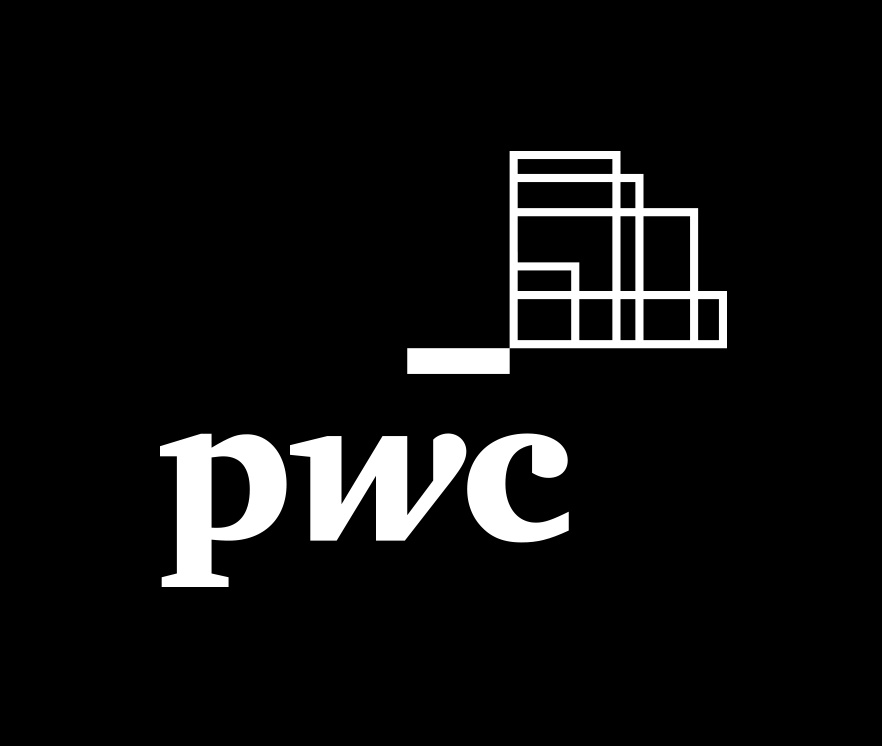 The image shows the logo of PwC, featuring stylized building blocks beside the text 'pwc' in lowercase on a black background.