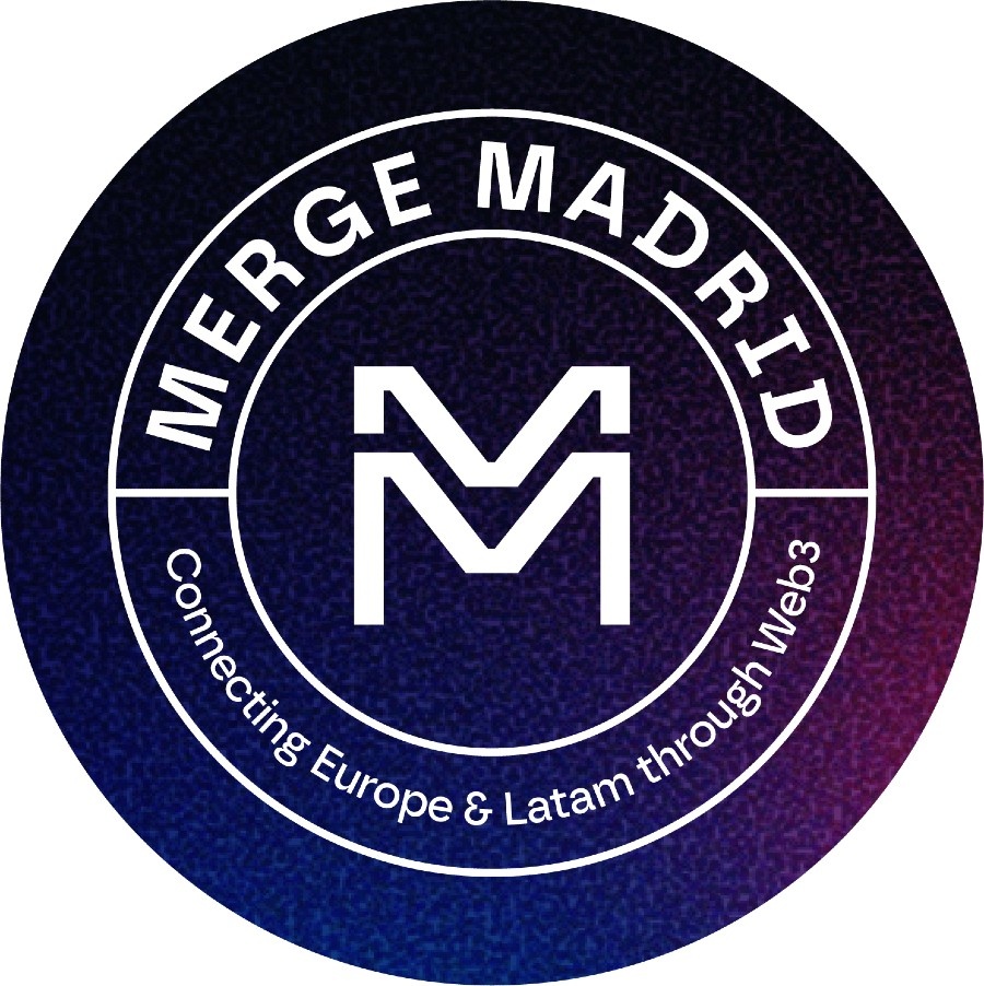 A circular logo representing Merge Madrid, highlighting its connection between Europe and Latin America through Web3.
