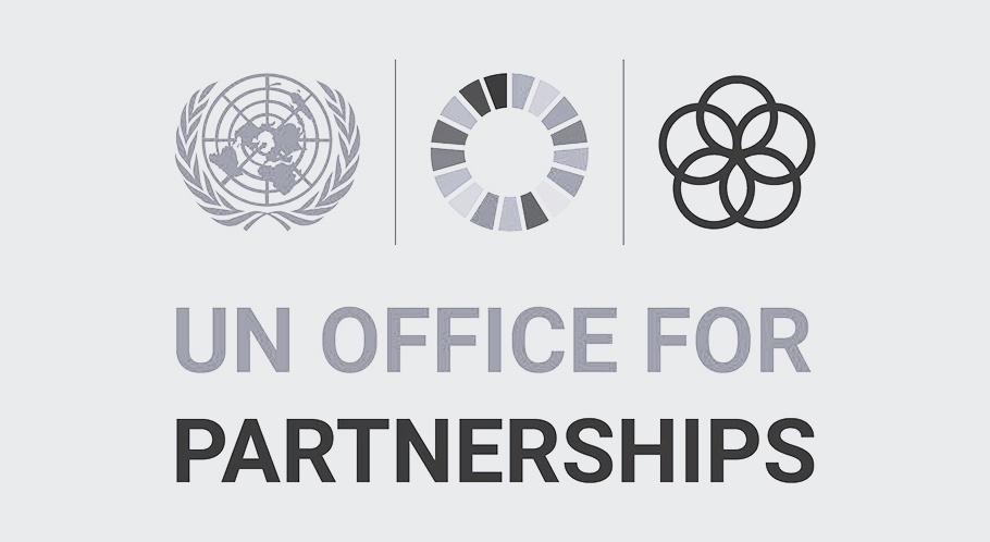 Logo of the UN Office for Partnerships featuring three symbols and the name of the organization on a grey background.