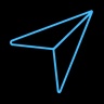 A simple blue paper airplane icon on a black background.