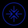 A blue symbol featuring a circular outline and a star-like design in the center.