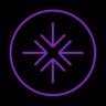 A purple abstract symbol within a circular border.