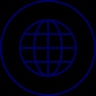 A simple neon blue icon of a globe on a black background.
