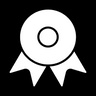 A simple white ribbon medal icon on a black background.