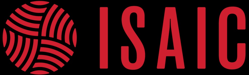 A graphic logo featuring a stylized basketball within a circular frame accompanied by the letters 'ISAIC' in bold red.