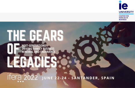 Promotional image for an event titled 'The Gears of Legacies', showing hands engaging gears against a sunset, scheduled for June 22-24 in Santander, Spain.